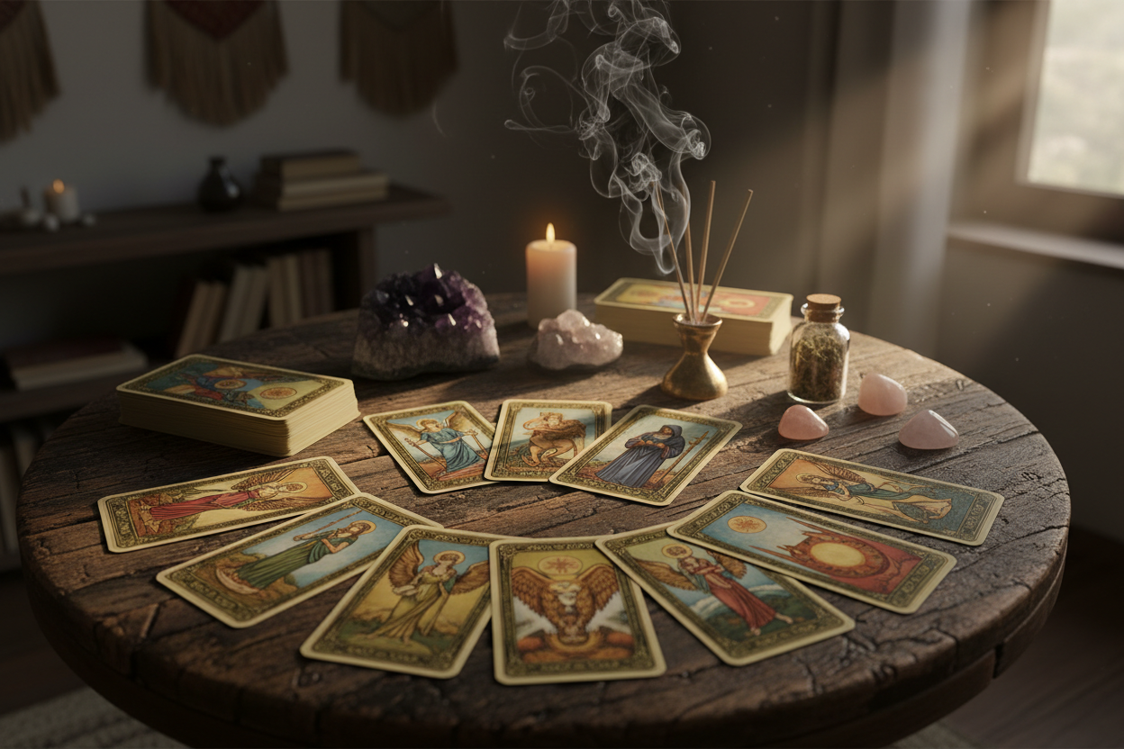 une table en bois anthique avec des cartes de tarot